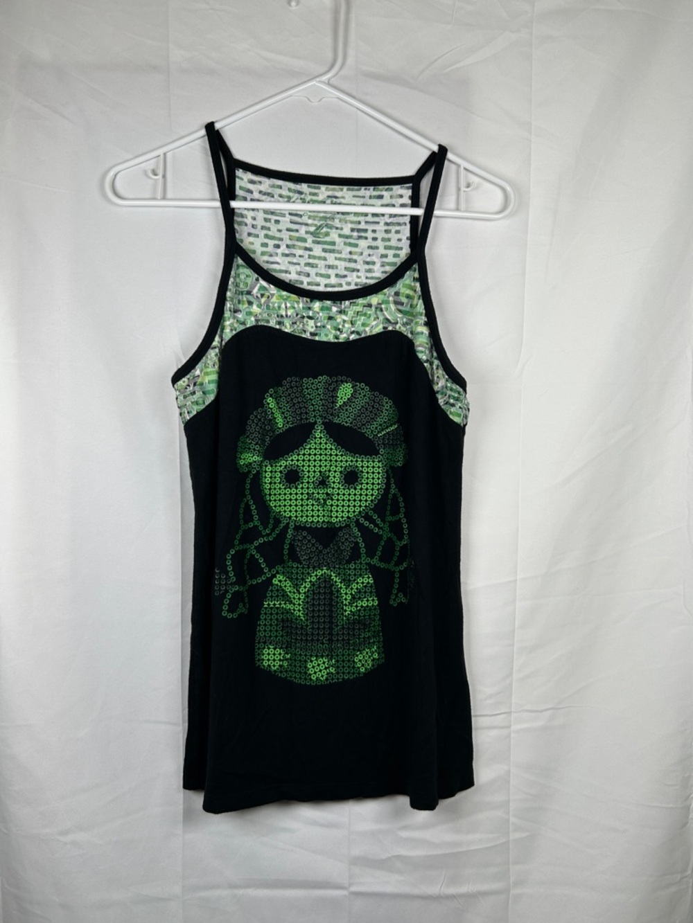 Ay Guey Printed Tank Top Women’s Small Black Green Cotton Blend